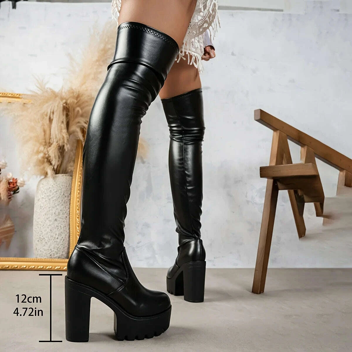 KIMLUD, Womens Knee High Thick Sole Wide Heel Boots PU Leather Black Round Toe Rubber Sole All Day Comfort Casual Formal Wear, KIMLUD Womens Clothes