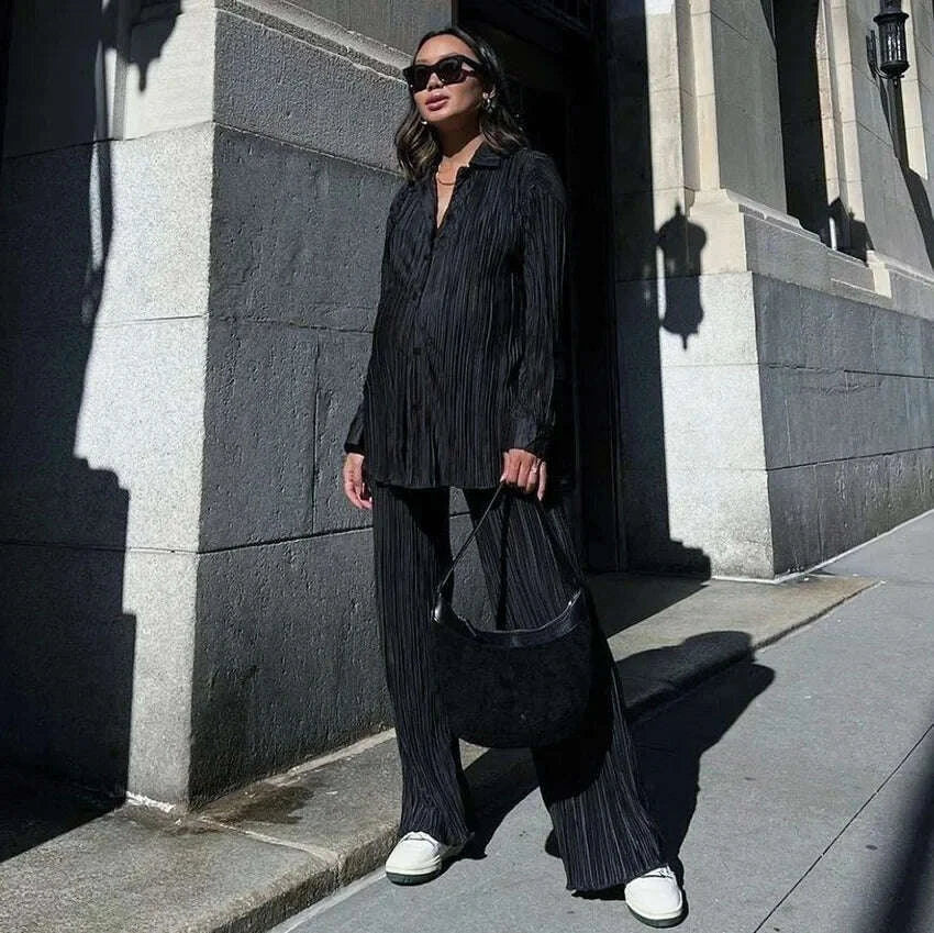 KIMLUD, 2023 Spring Summer Best Seller Solid Color Draped Loose Fit Smooth Pleated Women's Casual 2-Piece Set Stock Available, KIMLUD Womens Clothes