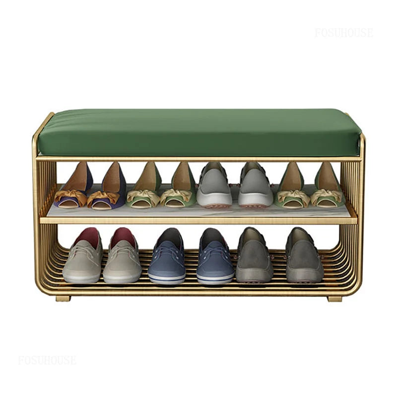 Fabric Shoe Stool Nordic Minimalist With Storage Brushed Gold Accents — Emerald Green | KIMLUD