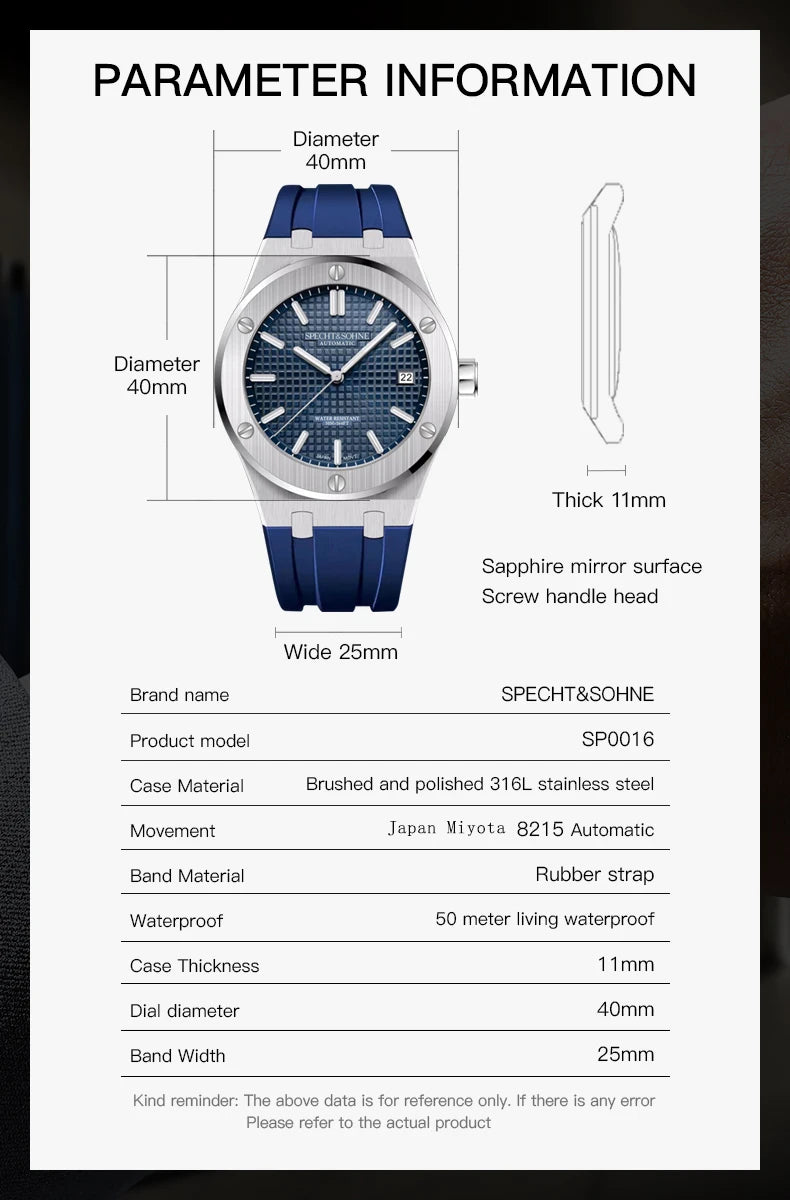 Specht&Sohne New 40MM Mechanical Watch For Men Grey Color Sports Wristwatch Japan Miyota 8215 Automatic Watch 50M Waterproof