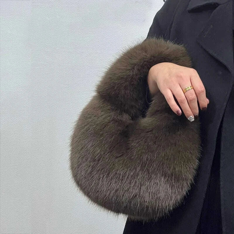 KIMLUD, Fashion Soft Plush Half Moon Bags for Women Designer Fluffy Faux Fur Lady Handbags Luxury Small Tote Female Winter Purses, KIMLUD Womens Clothes