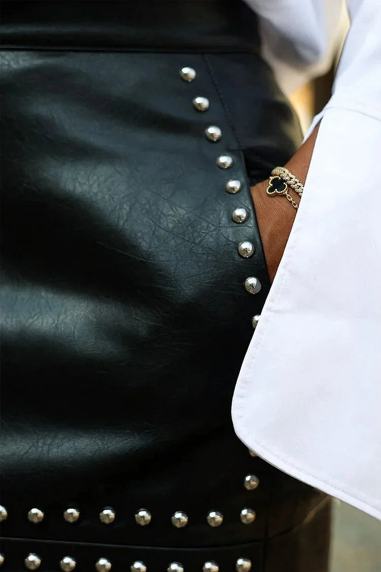 Fashion Women Plus Size Skirt Faux Leather Studded Split High Waist Slim Streetwear Casual Beade