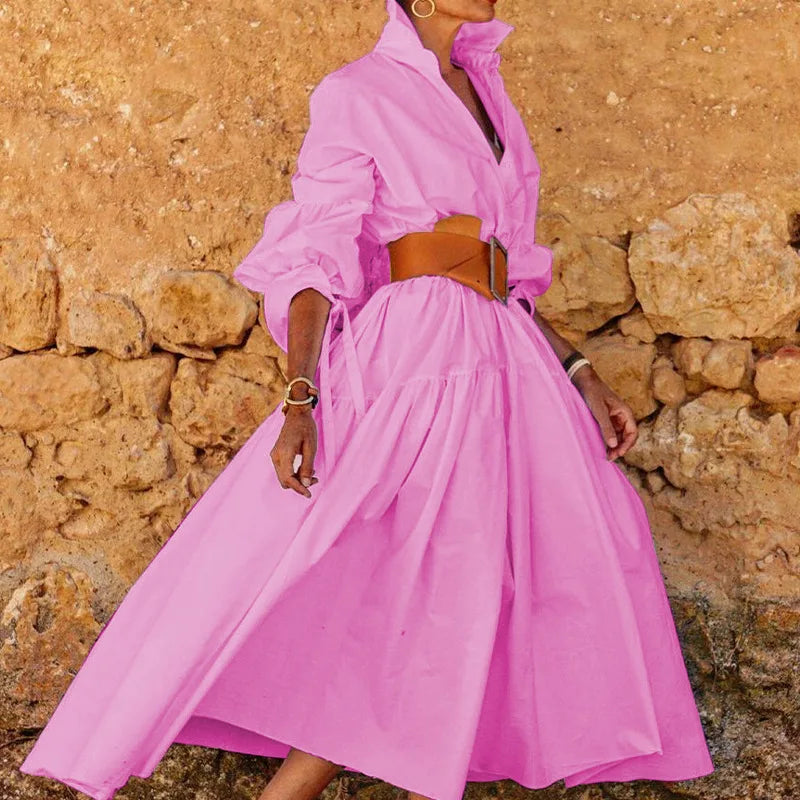 A-Line Midi Dress – Long Sleeve V-Neck – High Waist Button Detail | KIMLUD