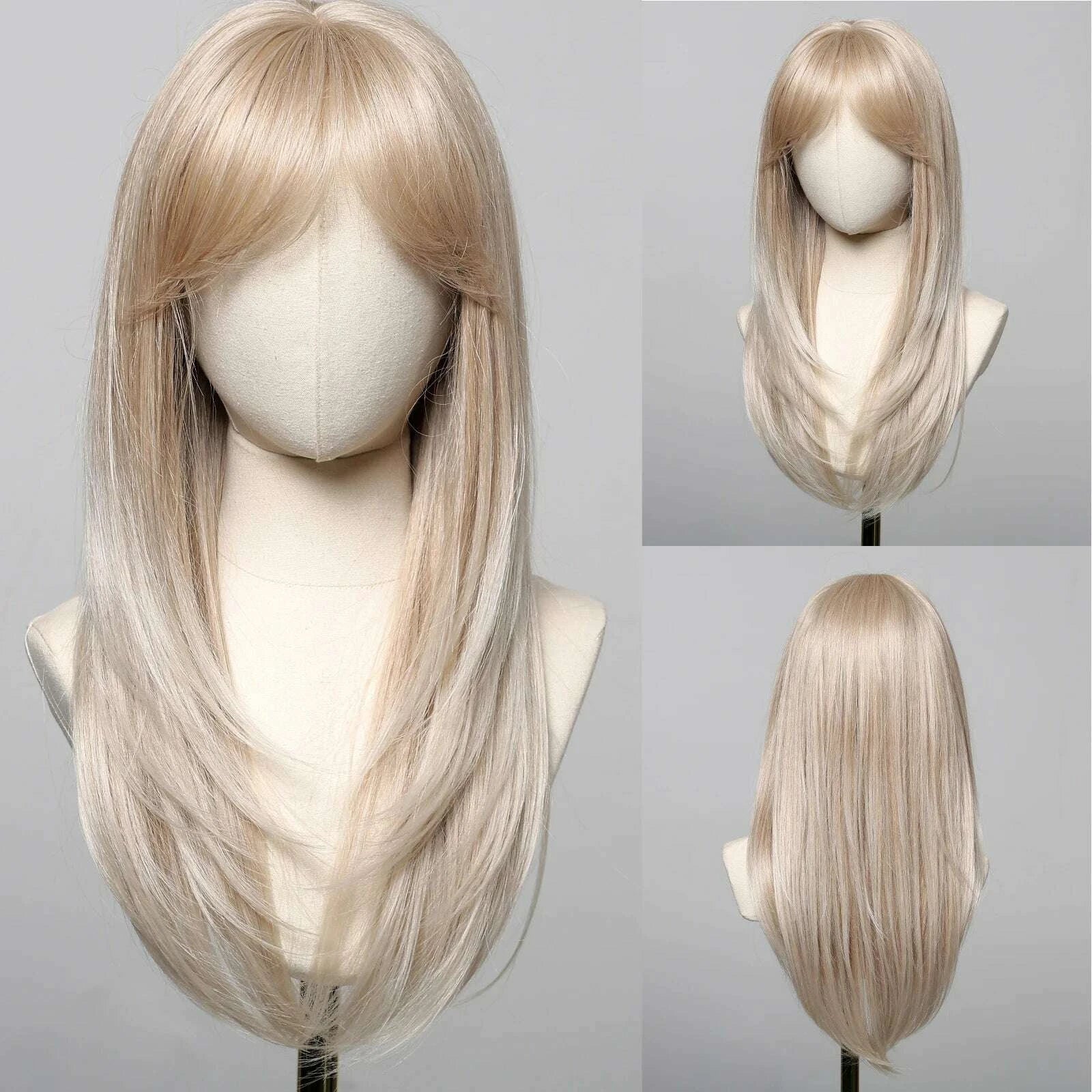 KIMLUD, Golden Blonde Mixed Synthetic Wig Dark Root Wavy Hair With Side Bangs for Women Daily Party Cosplay wig Heat Resistant Fiber, KIMLUD Womens Clothes