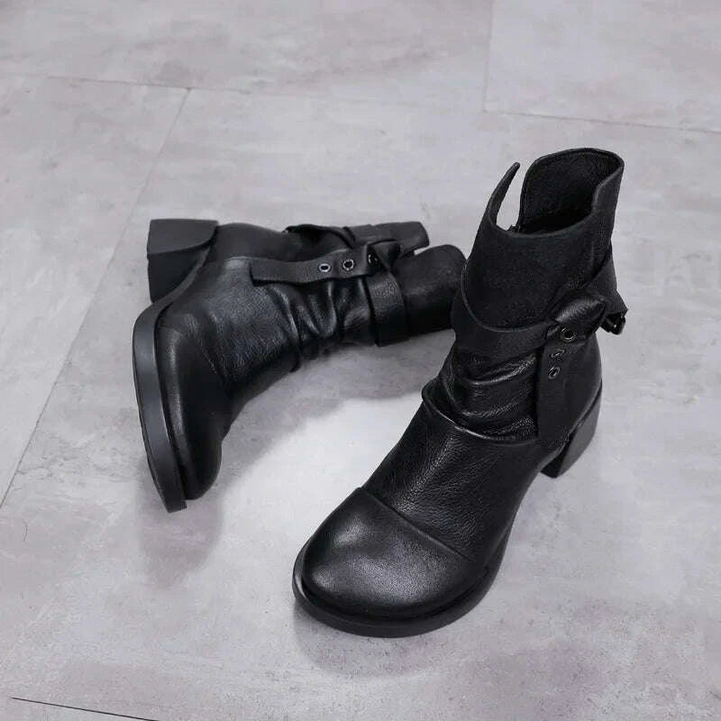 KIMLUD, Careaymade-Genuine Leather Patchwork Ankle Vintage Short Boots Zipper Women Shoes Fashion Round Head Mujer Soft Botas Femininas, KIMLUD Womens Clothes