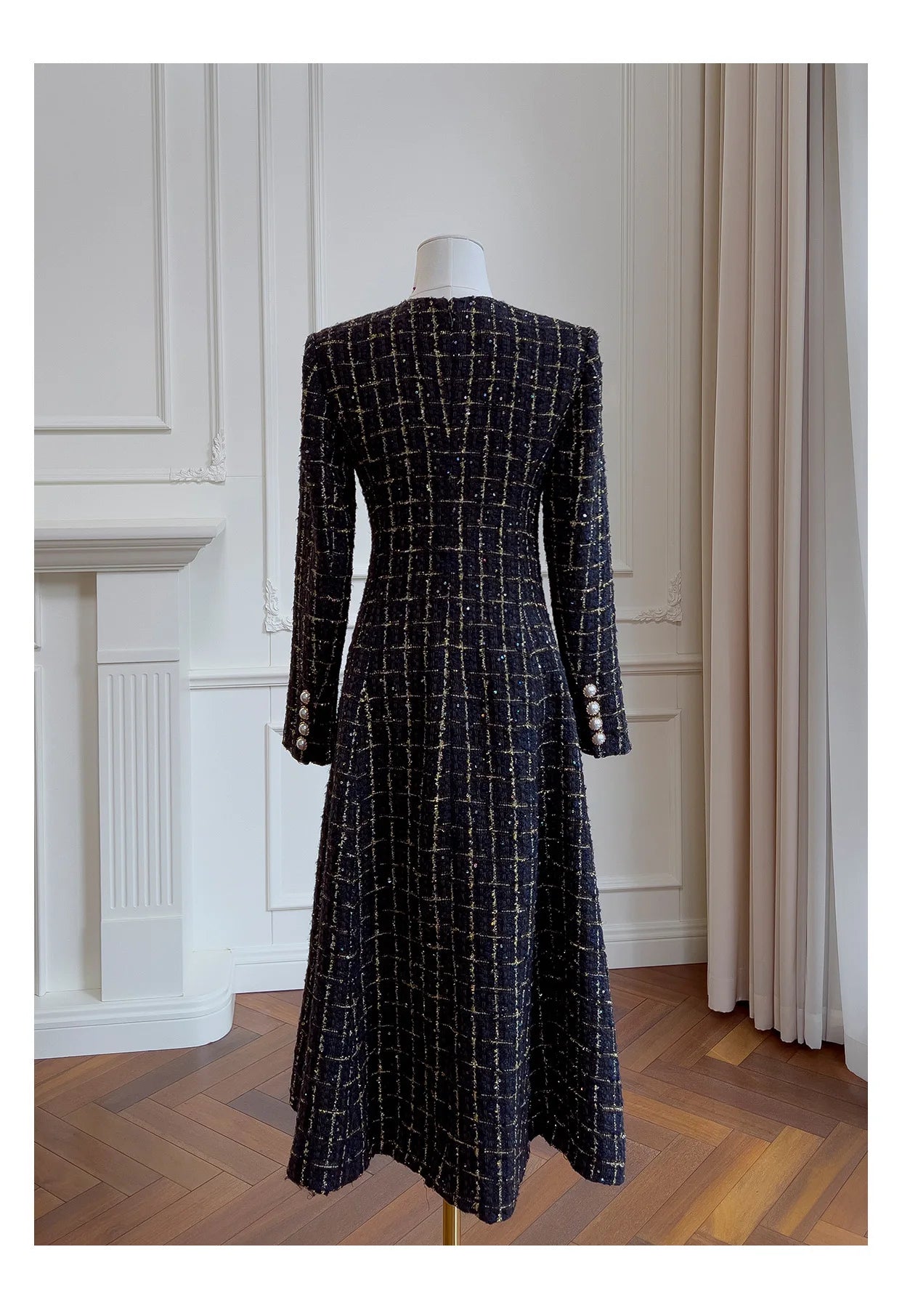 IEQJ Fashion Autumn Winter Evening Dress Women O-Neck Long Sleeves Single-breasted Zipper Cotton Tweed Umbrella Dresses New