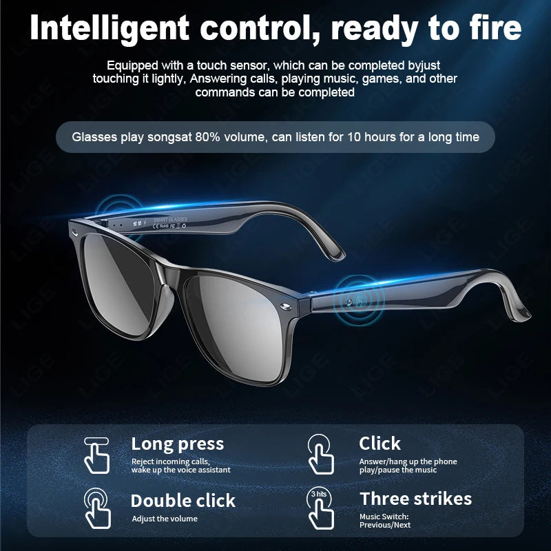 LIGE Smart Glasses 163 Language AI Intelligent Real-time Translation Sunglasses Sport Fitness Bluetooth Calling Music Eyeglasses
