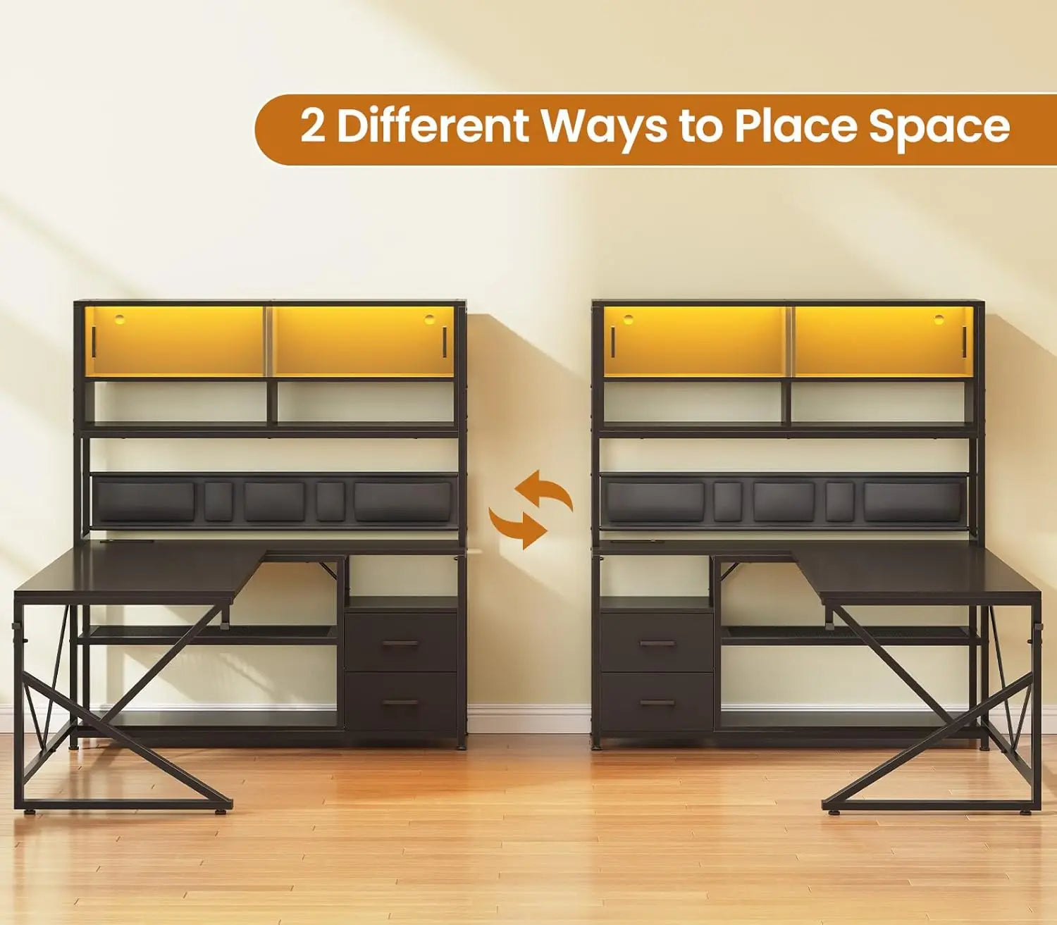 L Shaped Gaming Desk, Home Office Computer Desk with 2 Drawer and Bookshelf, L Shaped Gaming Desk with LED Light,, Customized