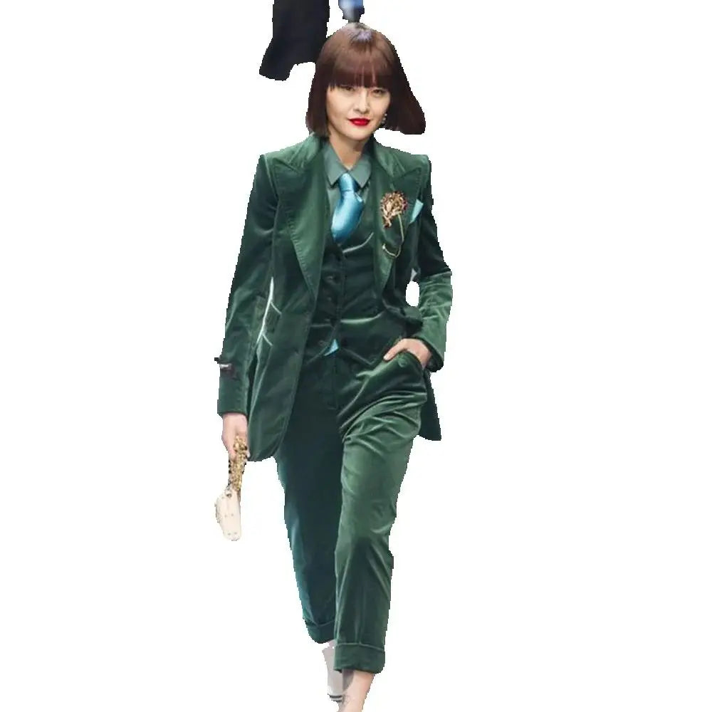 Luxury Green Velvet Winter Clothes for Women 3 Pieces Jacket Pants Vest Female Suits Formal Office Banquet Lady's Blazers Sets