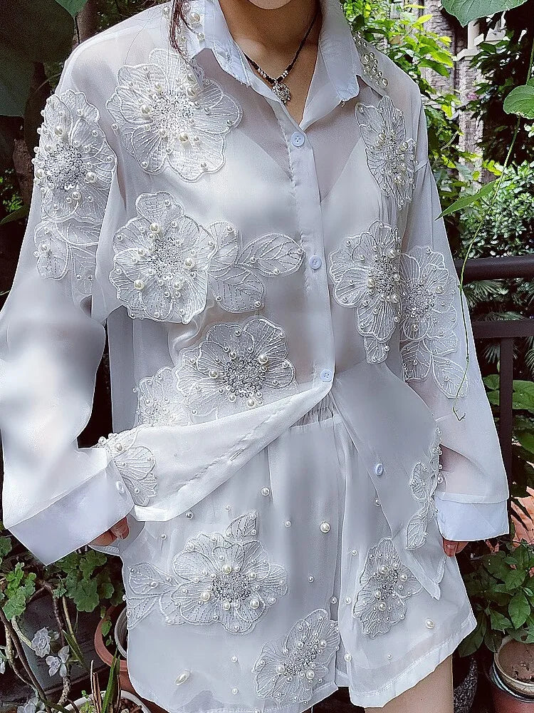 Two-Piece Set - Fairy 3D Flower Embroidery - Chiffon Silhouette | KIMLUD