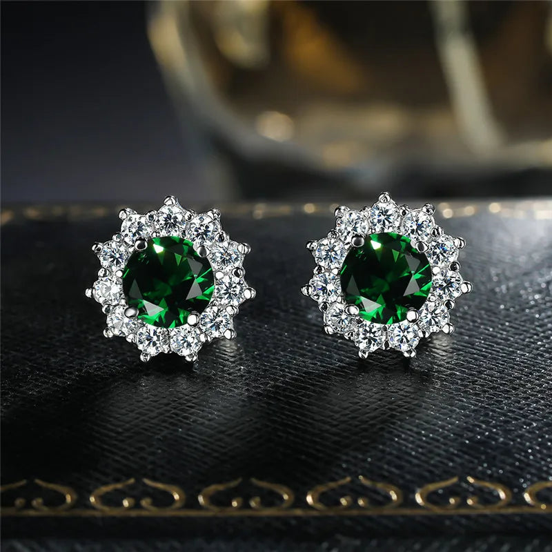 Copper Stud Earrings Round Cubic Zirconia — Water Blue | KIMLUD