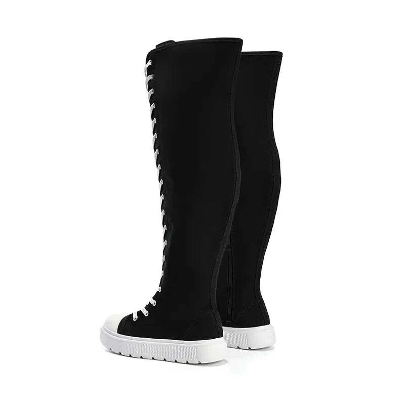KIMLUD, Plus Size Women's Canvas Boots Spring Autumn High Top Side Zipper Simple Long Tube over Knee Shoes Flat Heel Adult Footwear, KIMLUD Womens Clothes