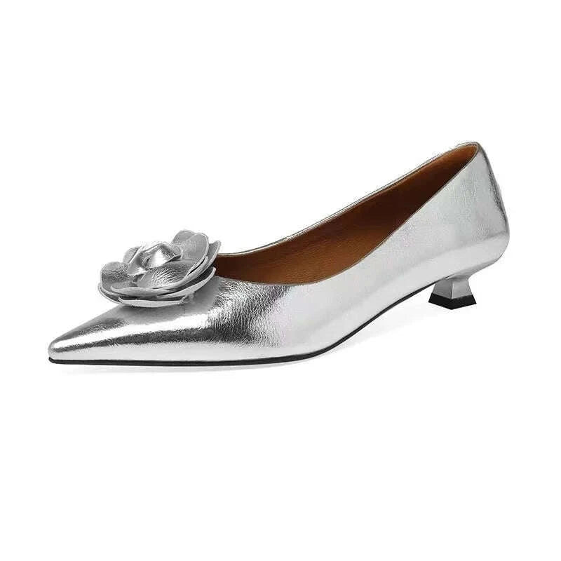 KIMLUD, Women Shoes High Heels Loafers Elegant Woman Shoes Low Heels Wedding Bride Pointed Toe Silver Gold Rose Evening Party Shoes, KIMLUD Womens Clothes