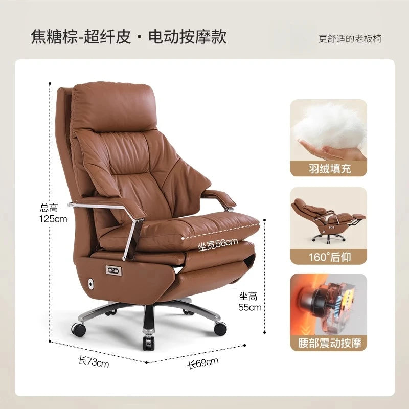 Genuine Leather Massage Chair Swivel Lift Ergonomic Office Chair — Cognac Brown | KIMLUD