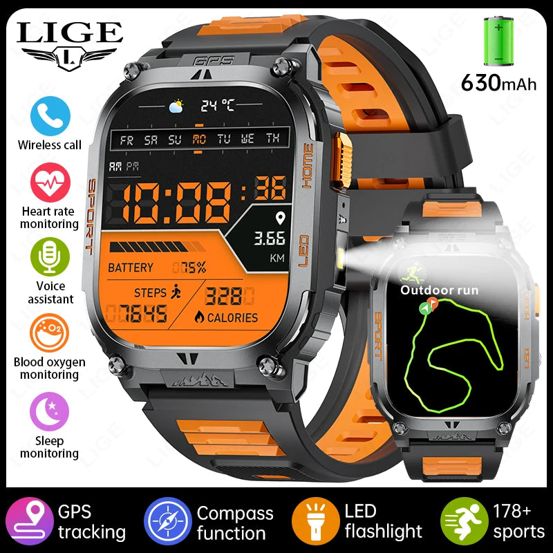 LIGE New GPS Tracking Smart Watch LED Flashlight 1.96inch HD Screen Compass BT Call Waterproof Sport Smartwatch For Android iOS