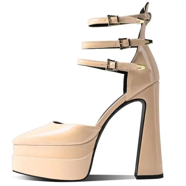 Pointed head shallow mouth fashion sexy increase thick heel patent leather rivet large party single shoe female