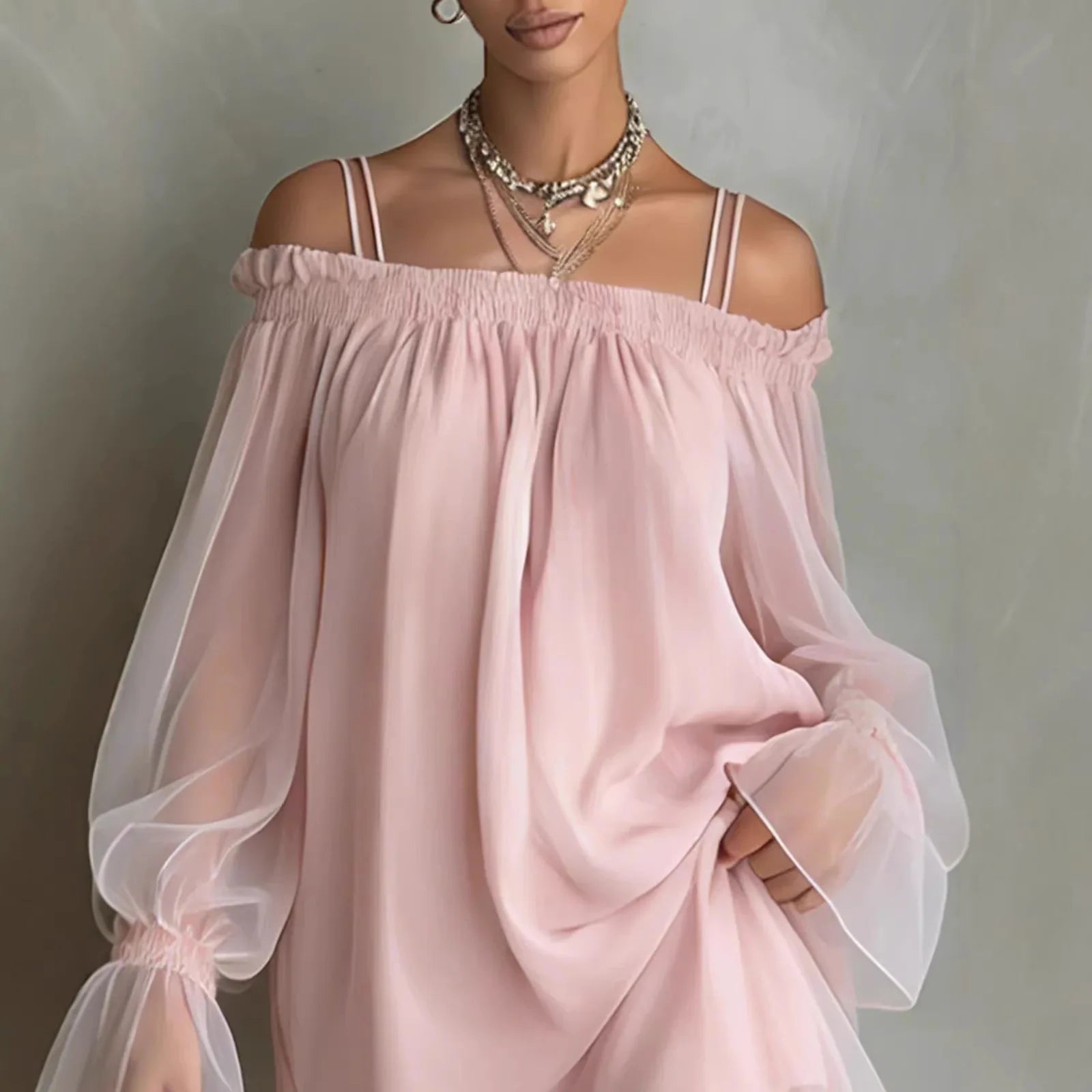 Mesh Off Shoulder Dress Double Strap Sheer Mini Silhouette With Soft Draping — Pale Pink | KIMLUD