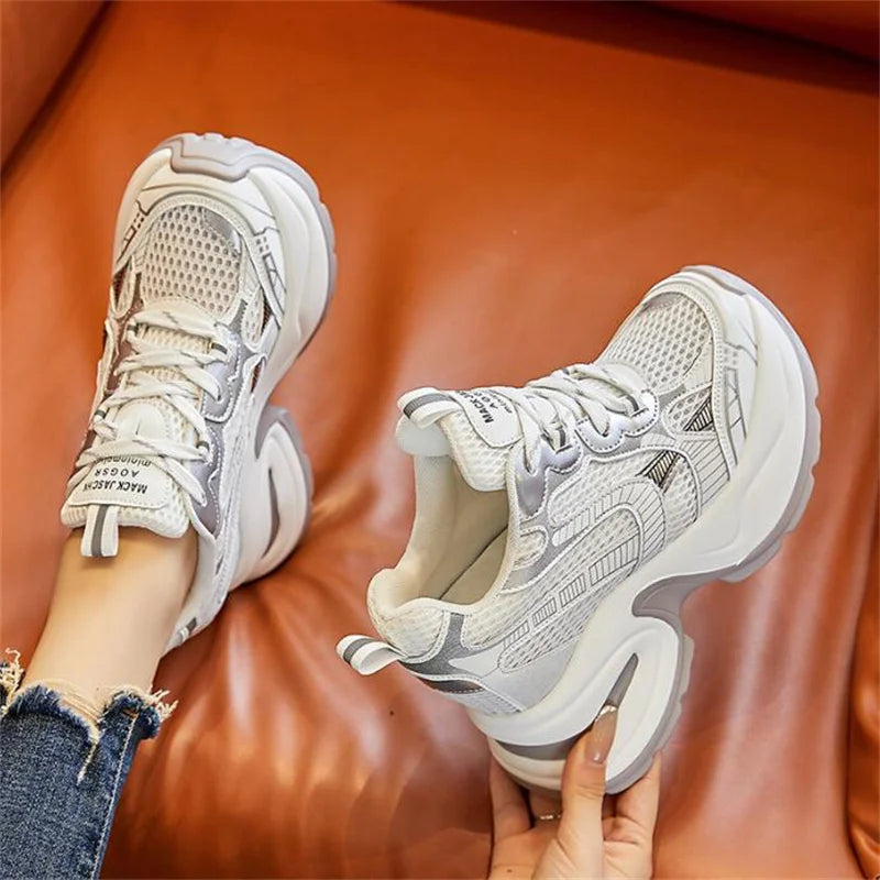 Synthetic Air Mesh Sneakers Platform Wedge — White | KIMLUD