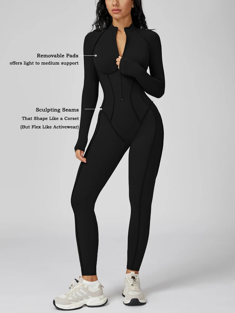 Women Running Romper – Built-In Bra Zip Front – Nylon One Piece | KIMLUD