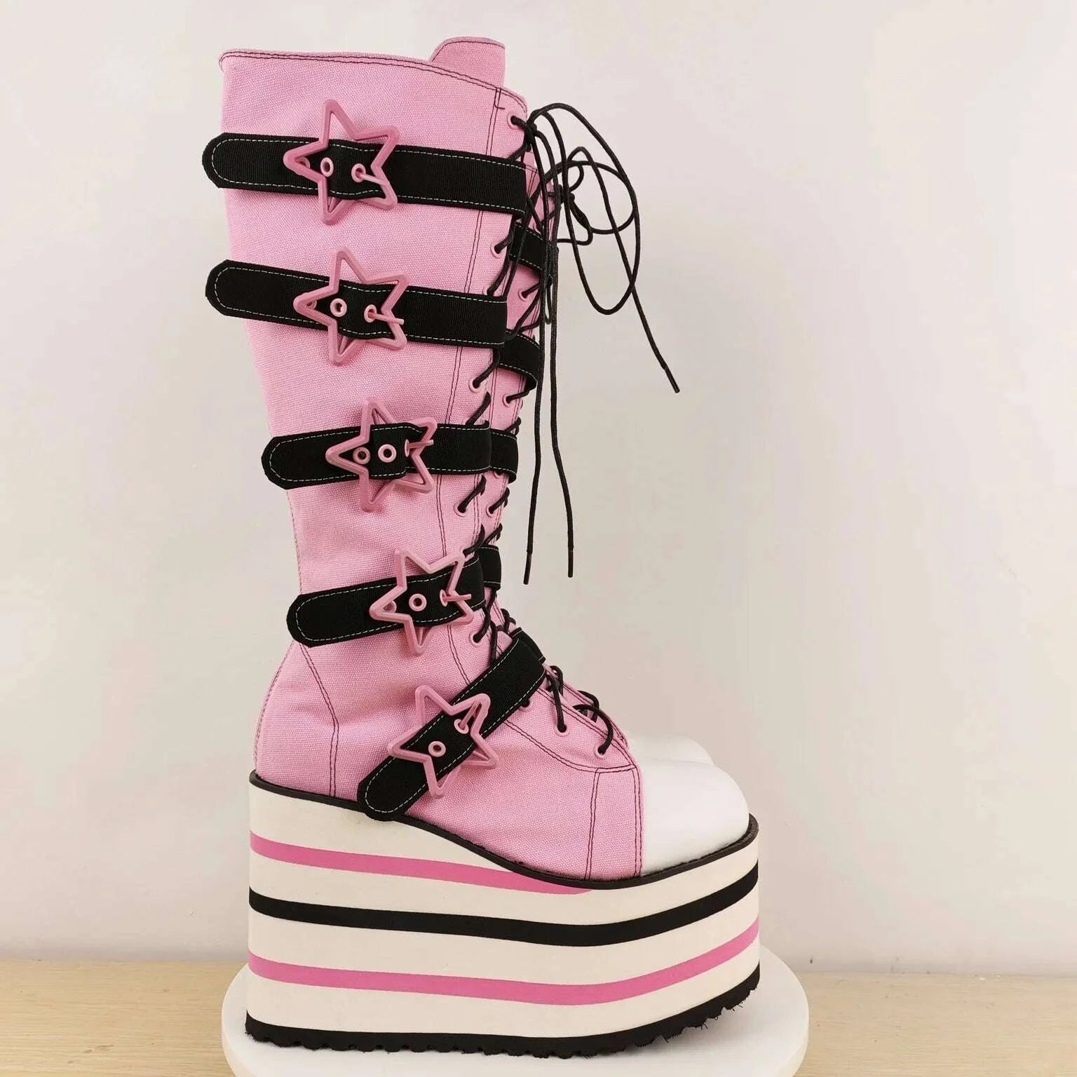 KIMLUD, Canvas red Check Platform Knee high Boots Women Metal Chain Round Toe Wedges Cross Tied Lolita Heighten Shoes Lovely Sexy Boots, KIMLUD Womens Clothes