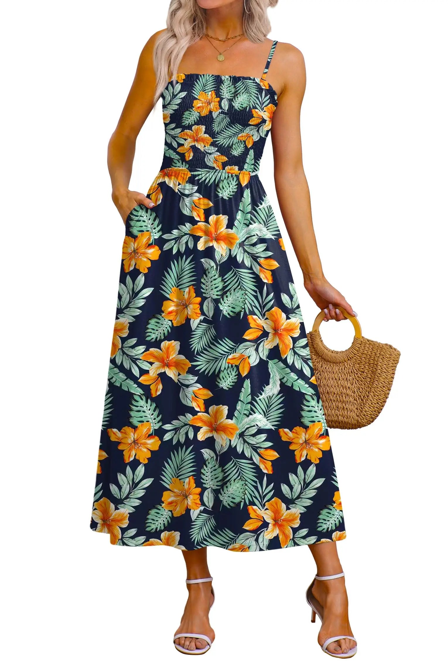 Spaghetti Strap Maxi Dress – Smocked Waist – Polyester Fiber | KIMLUD