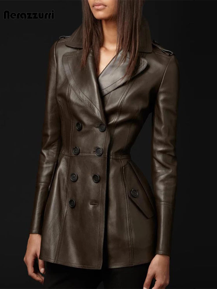 Coats & Jackets – Double Breasted – Faux Leather – Brown | KIMLUD