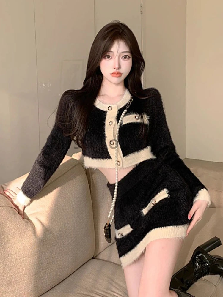 KIMLUD, Winter Fluffy Knit 2 Piece Set Women Patchwork French Vintage Mini Skirt Suit Female Korean Fashion Elegant Office Lady Set 2024, KIMLUD Womens Clothes
