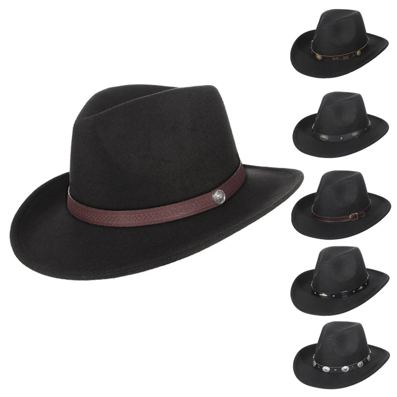Western Cowboy Hat Wide Brim Belted — Black | KIMLUD