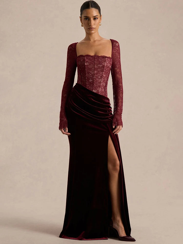 Lace Velvet Maxi Dress Square-Neck See-Through Backless — Black | KIMLUD