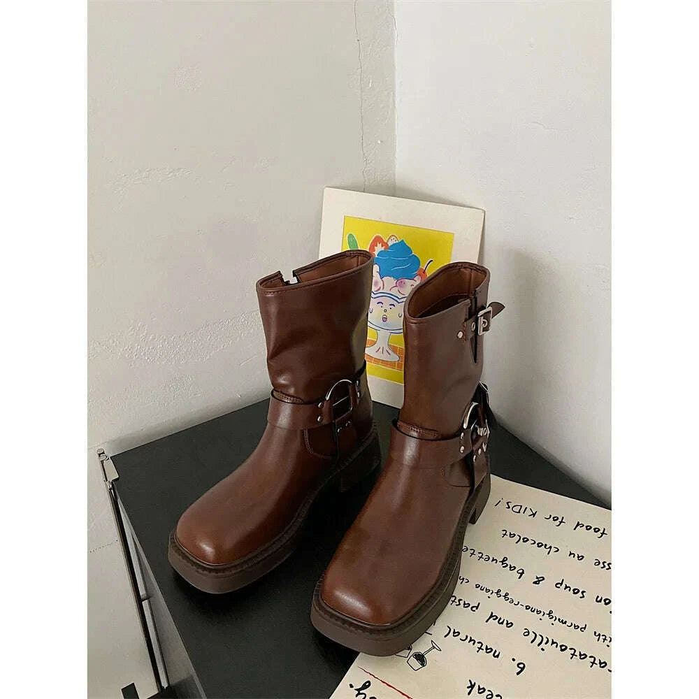 KIMLUD, British style brown thick heeled women's 2025 new summer retro western cowboy boots thick soled knight boots, KIMLUD Womens Clothes