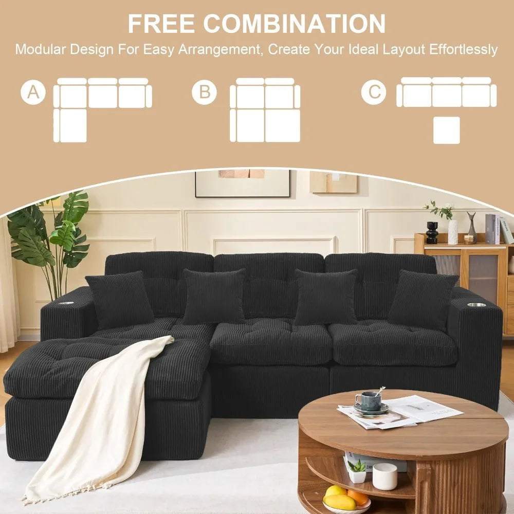 Cloud Velvet Sectional Sofa 105-Inch L-Shaped Three-Seater — Black | KIMLUD