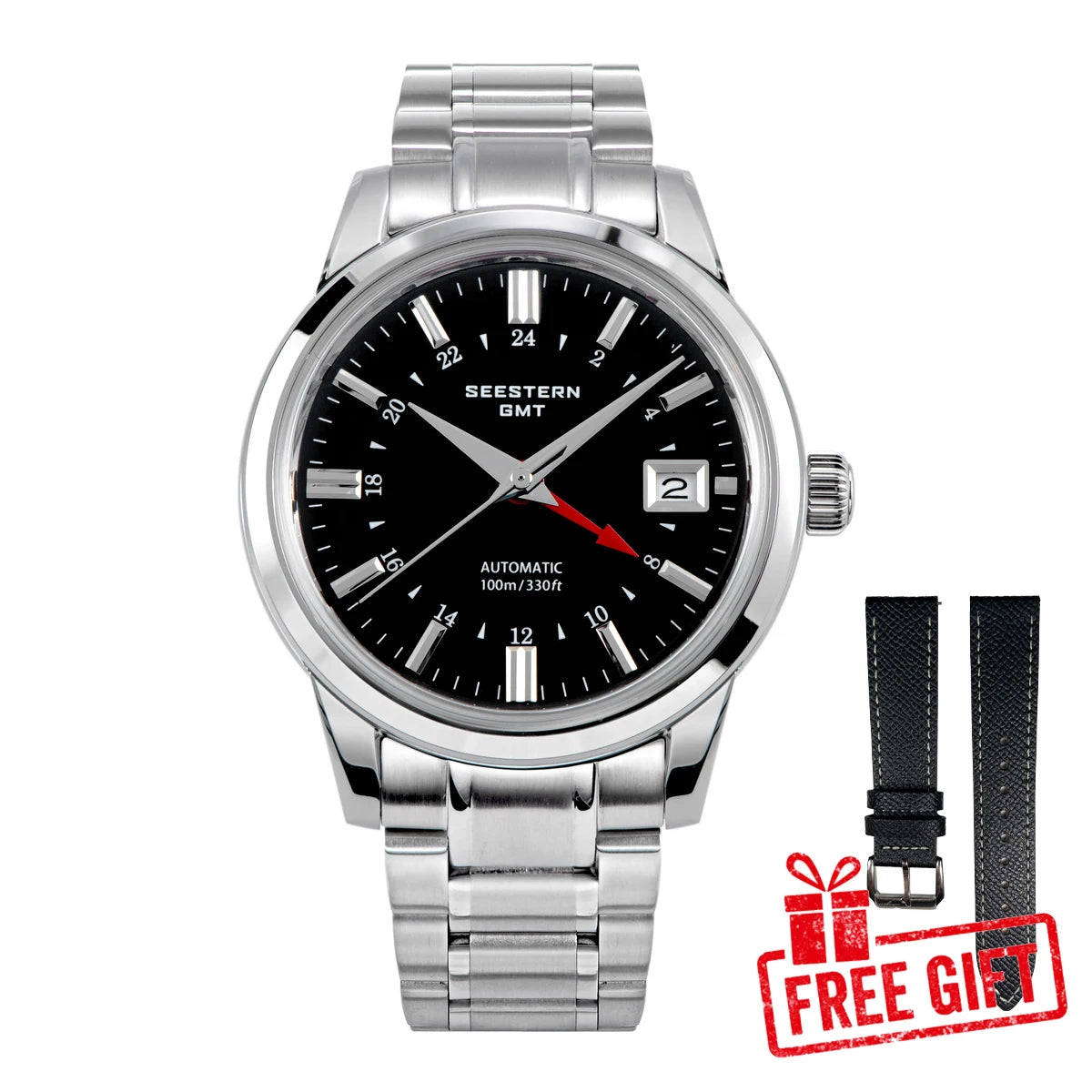 SEESTERN S446 Men Watch Automatic Mechanical Wristwatches NH34 GMT Movement 100m Waterproof Domed Sapphire Crystal Clock Limited
