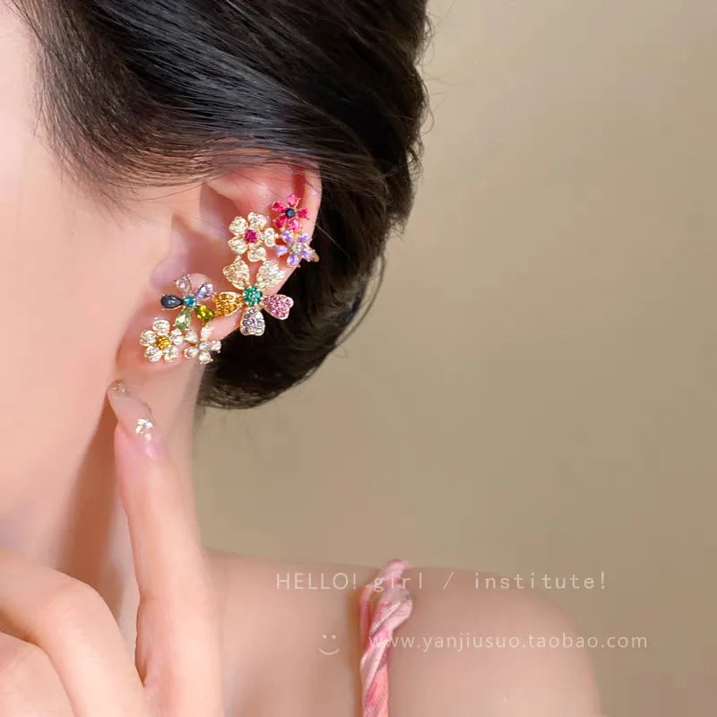 Gold-Plated Earrings Rainbow Zircon Petals Delicate Daisy Motif With Curved Silhouette — Gold | KIMLUD