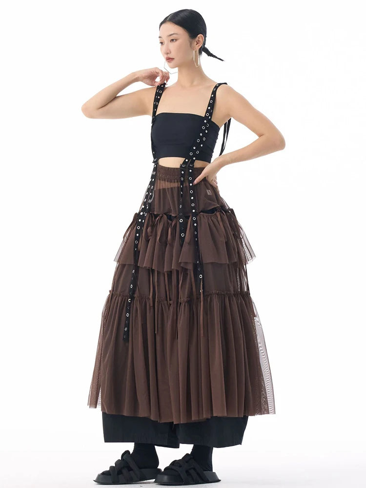 Midi Skirt - High Elastic Waist - Cotton Polyester - Coffee | KIMLUD