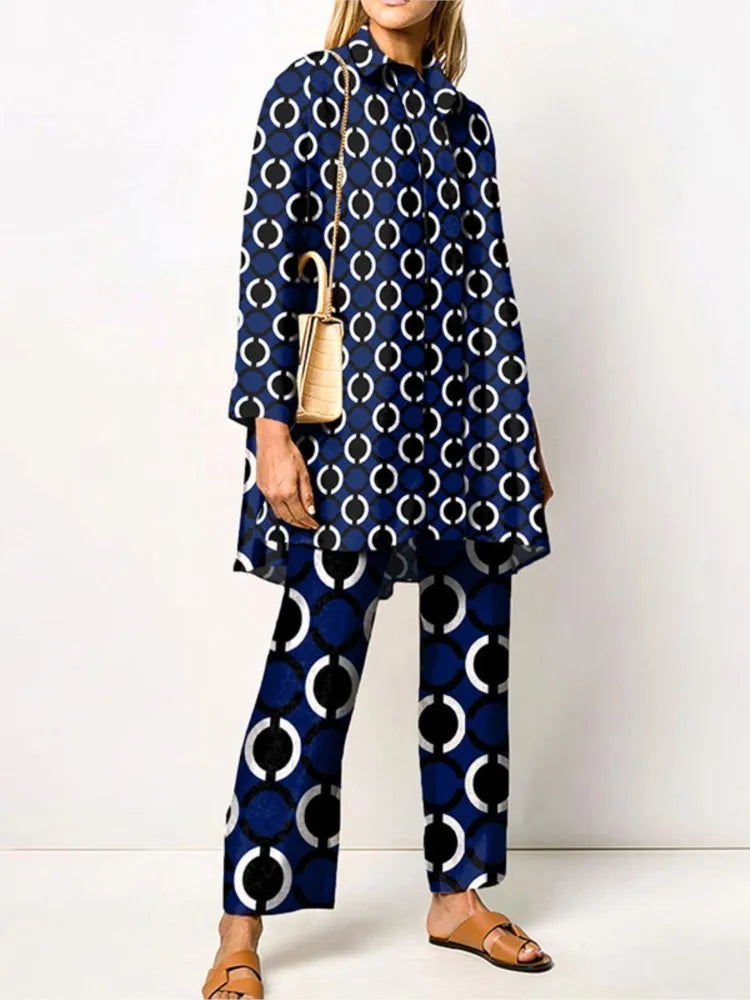 Two Piece Set – Loose Vintage Printed – Synthetic Fiber – Wide Leg | KIMLUD