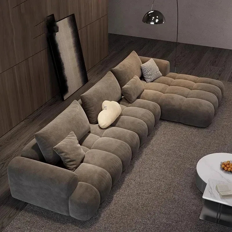 Plastic Upholstery Floor Recliner Sofa With Puffed Cushions And Modular Section — Brown | KIMLUD