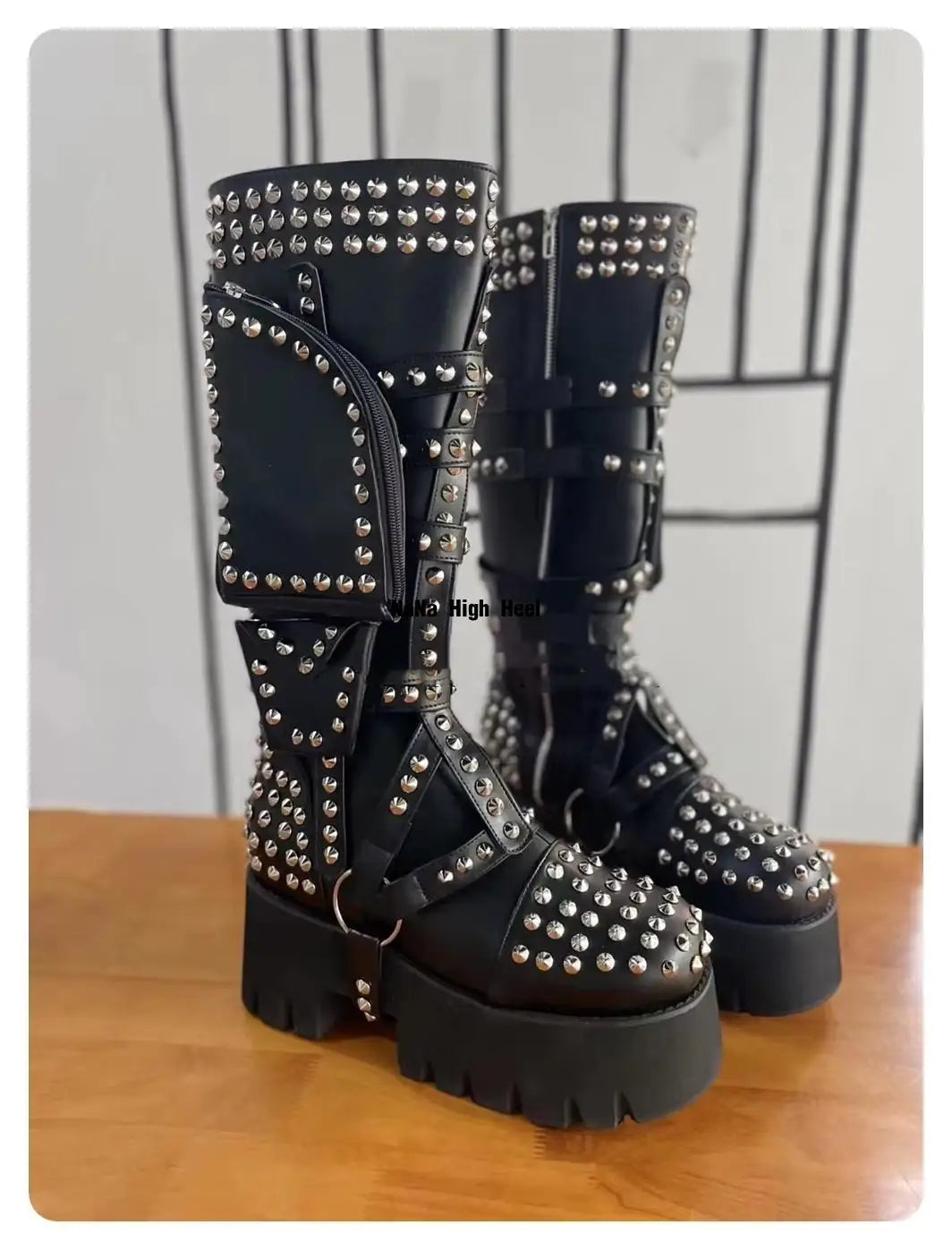 Black Pocket Round Toe Knee-High Platform Women Boots With Rivet Chunky High Heels Slip On Design Large Size Customized Shoes