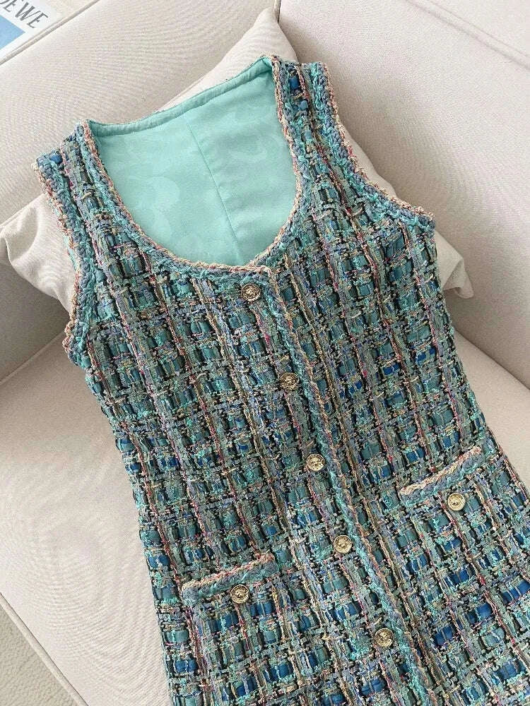 KIMLUD, 2025 New French Lady Blue Green Tweed round Neck Single Button Small Fragrance Style Jacket Vest Dress Set Casual Suit, KIMLUD Womens Clothes