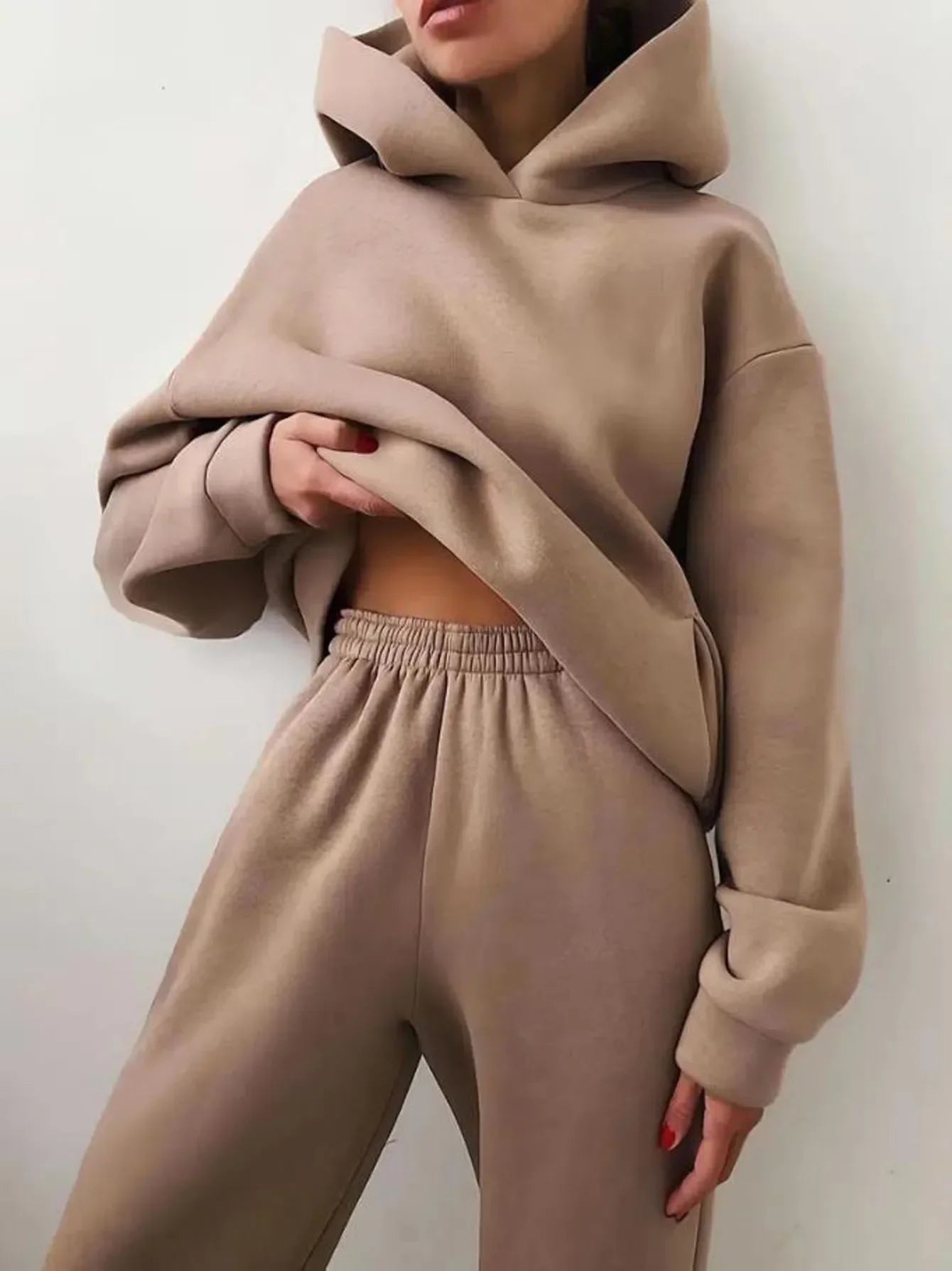Fleece Tracksuit Two-Piece Hooded Set — Black | KIMLUD