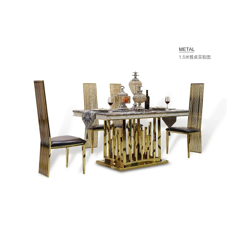 Marble Dining Table Set With Gold Frame — Black | KIMLUD