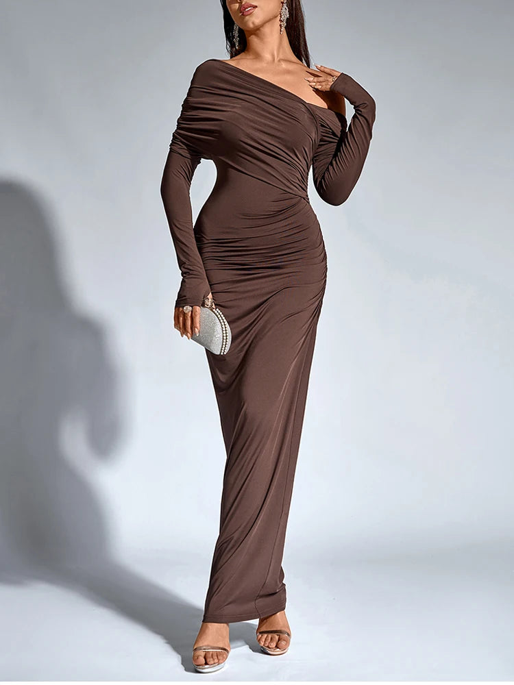 Maxi Dress – One-Shoulder Neck – Bodycon Silhouette – Brown | KIMLUD