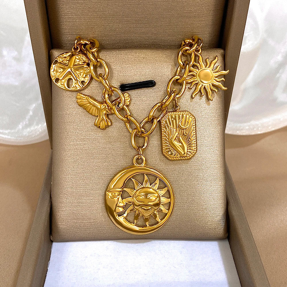 Necklace – Sun Moon Multi Accessory – Stainless Steel – Gold | KIMLUD