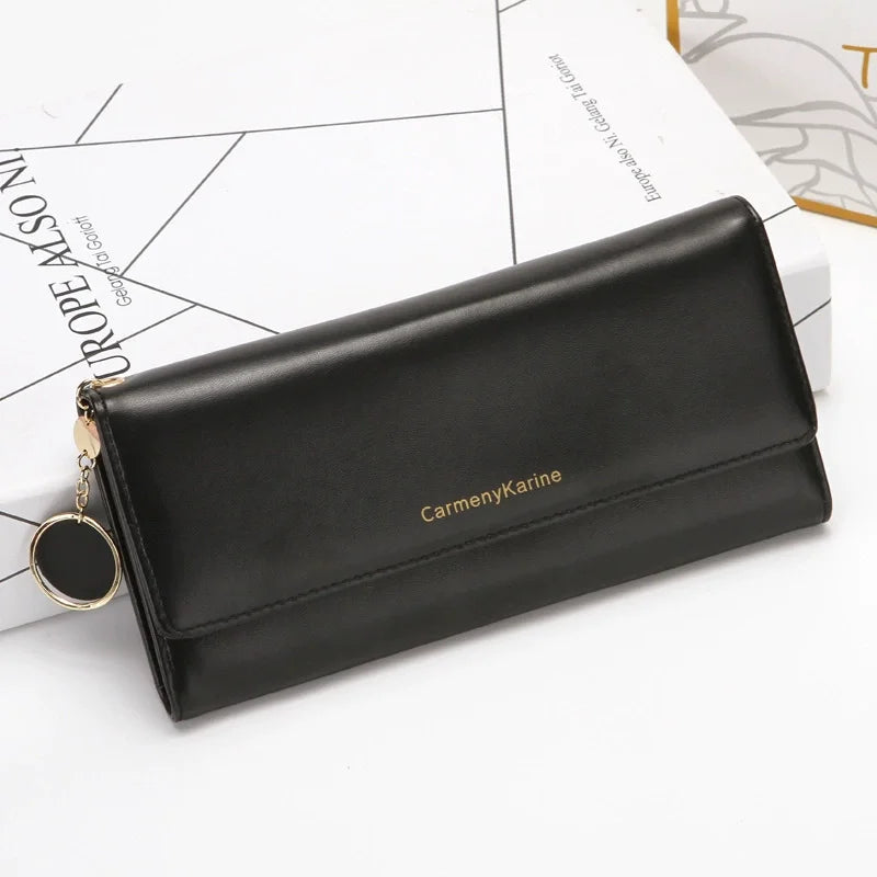 Korean Fashion Triple Folding Multi-functional Large Capacity Women's Long Wallets Clutch Solid Color Texture Simple and Elegant