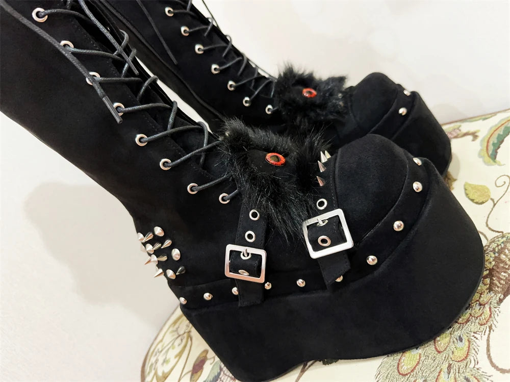 Skull Rivet Black Punk Platform Knee High Boots Shoes Women Zapatos Mujer