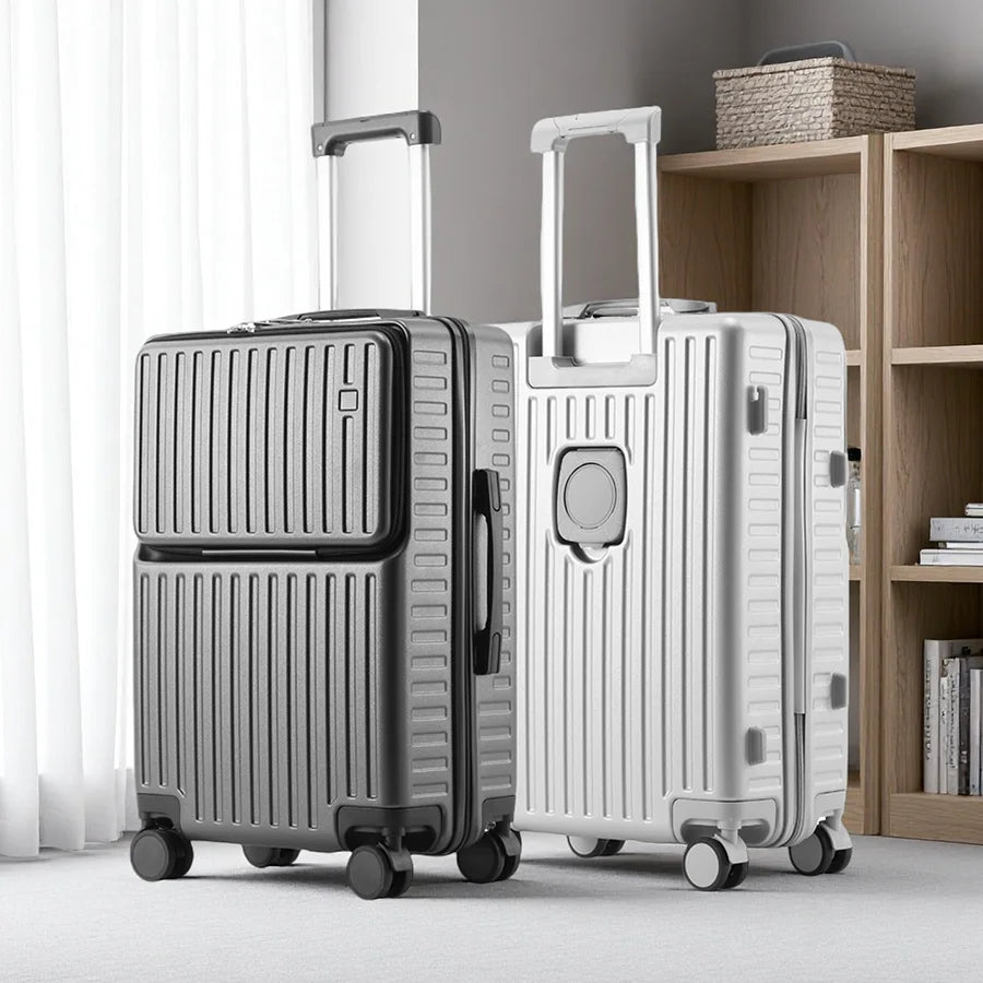 Independent Front Open Luggage Multi-functional Suitcase ABS+PC Cup Holder And Hidden Phone Stand Smooth Universal Wheel 20" 24"