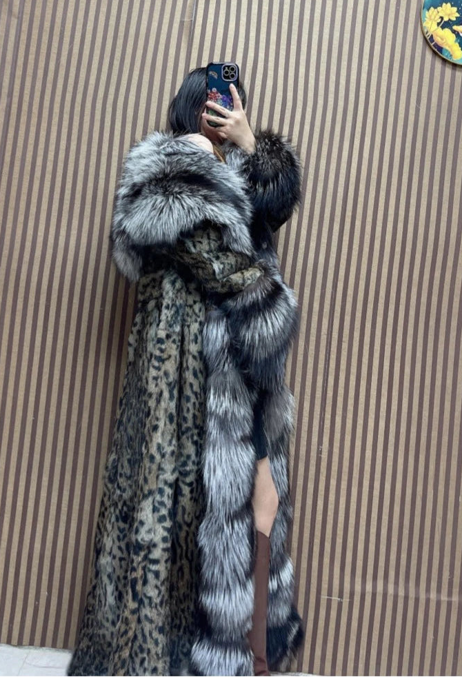 KIMLUD, 120cm Length Women's Genuine Rabbit Fur Coat Fox Fur Hooded Long Jacket Luxury Overcoats, KIMLUD Womens Clothes