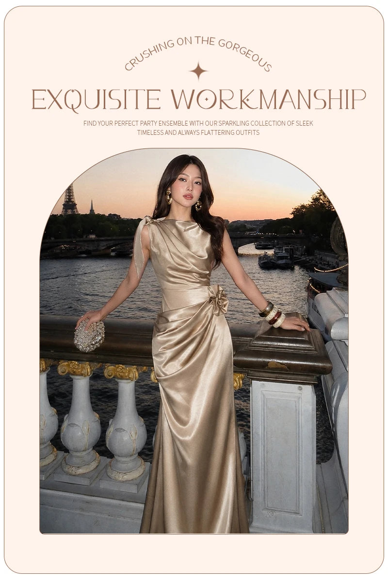 Evening Dress – One Shoulder Draped Ruched – Satin – Champagne | KIMLUD