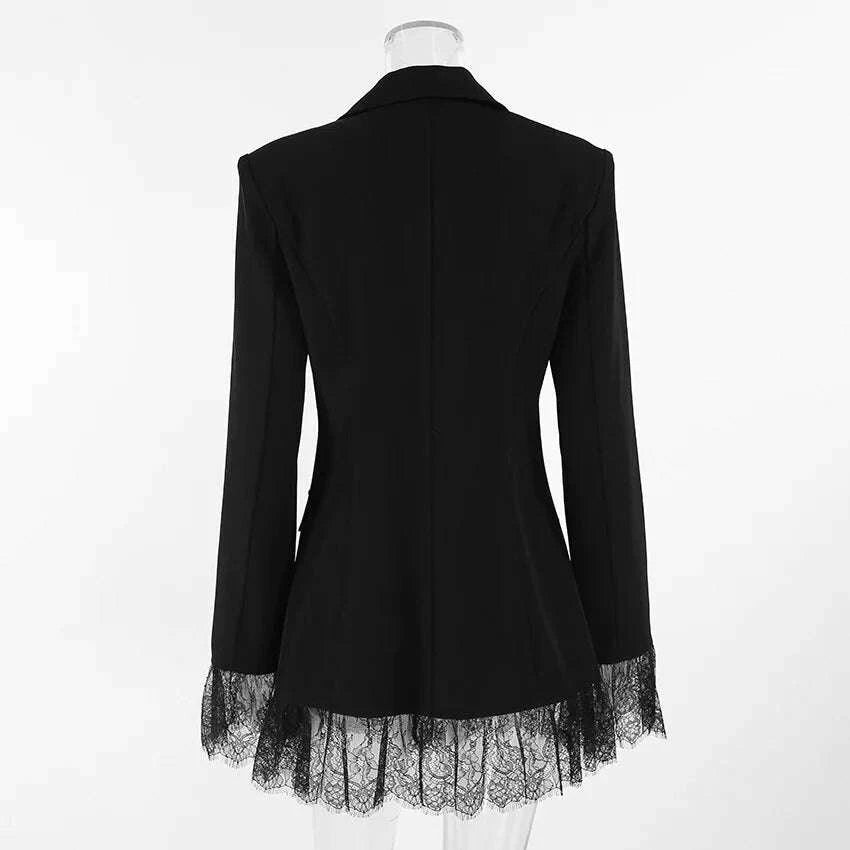 KIMLUD, 2025 Autumn and Winter New Fashion Black Small Suit Solid Jacket Design Sense Lace Splicing Commuting Long Sleeved Top Coat, KIMLUD Womens Clothes