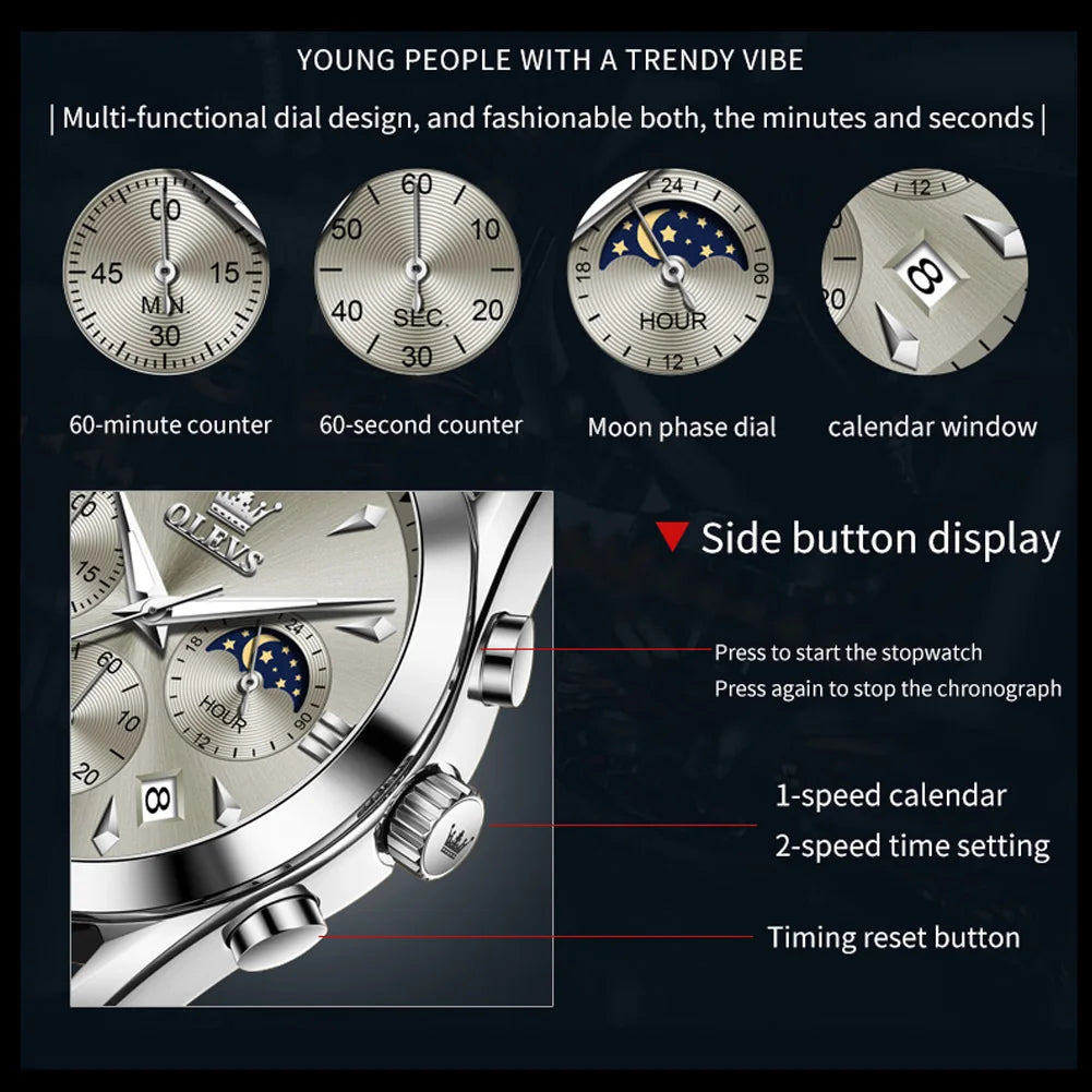 OLEVS Luxury Men's Watches Leather Strap Waterproof Luminous Chronograph Moon Phase Man Watch Top Original Quartz Watch for Men