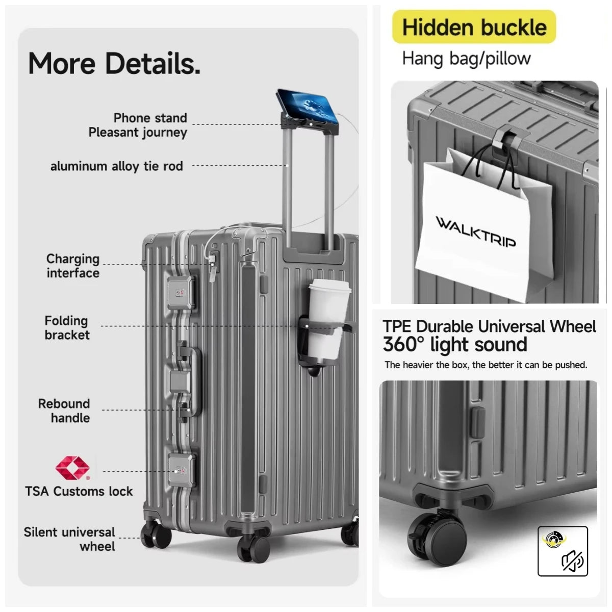 Aluminum Frame PC Rolling Luggage Solid — Gray | KIMLUD